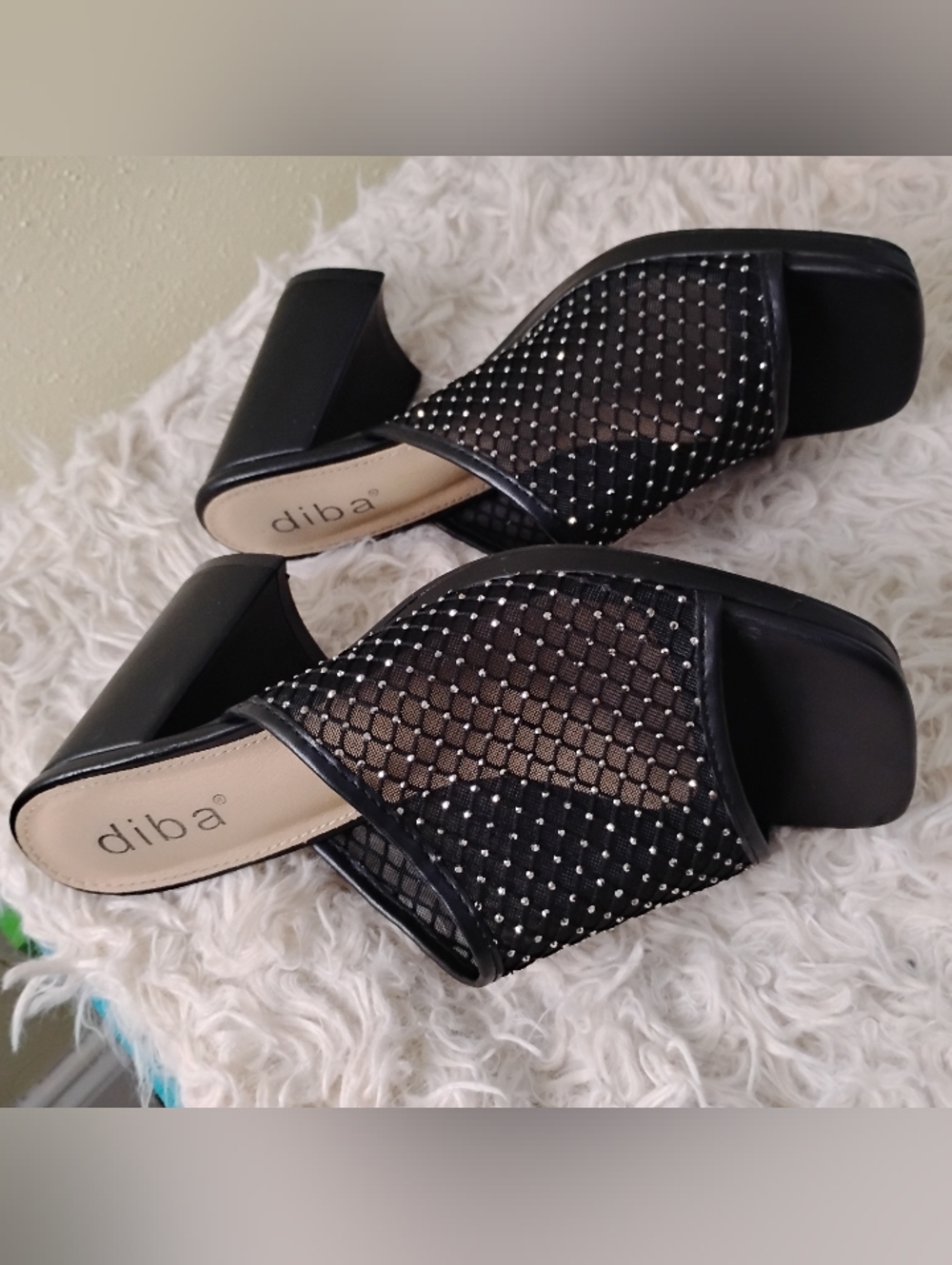 Diba Black Mesh Slide Mules with Rhinestone Grid - Picture 2 of 8